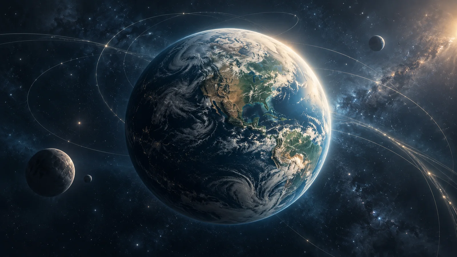 AI-generated conceptual illustration of an Earth-like planet and subtle curved light paths in space